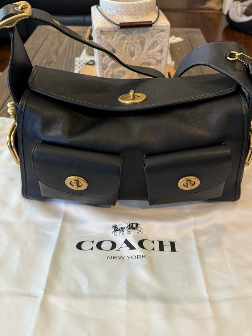 Coach Black Leather Double-Pocket Crossbody with Gold Hardware NWOT